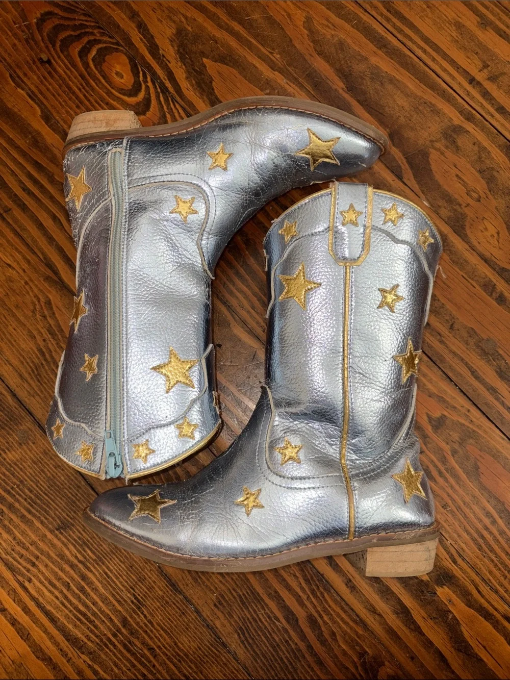 Wild + Rae Kids Metallic Silver Star Western Boots with Gold Star Accents